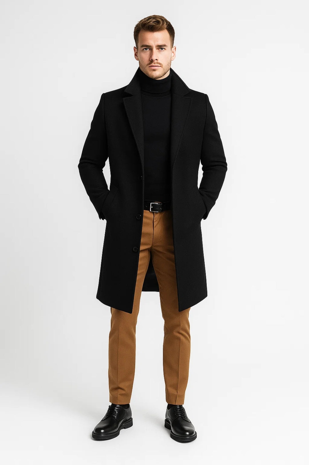 Classic Lapel Long Wool Coat for Men