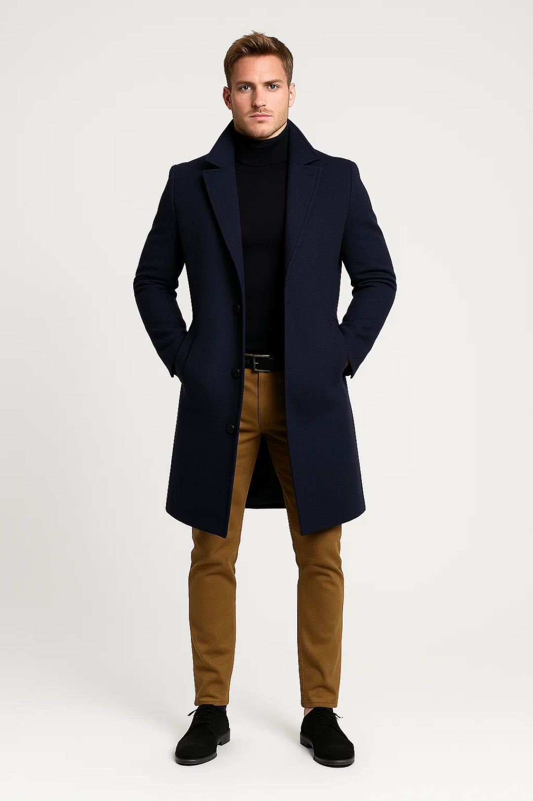 Classic Lapel Long Wool Coat for Men