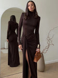 Celeste R. – Ruched High-Neck Maxi Dress