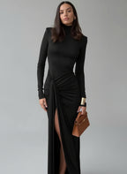 Celeste R. – Ruched High-Neck Maxi Dress