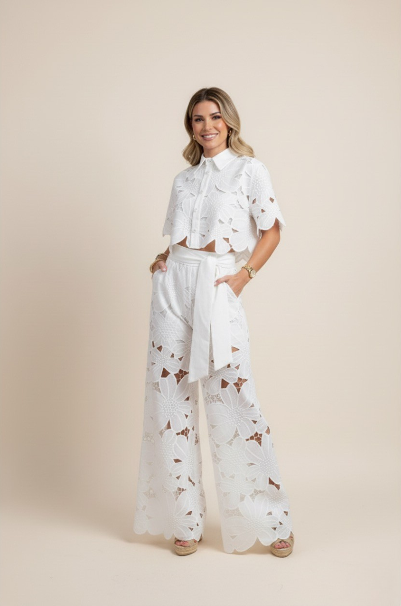 Two-Piece Cut-Out Floral Ensemble – Statement Embroidered Top & Flowy Wide-Leg Trousers