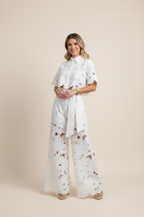 Two-Piece Cut-Out Floral Ensemble – Statement Embroidered Top & Flowy Wide-Leg Trousers