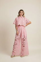 Two-Piece Cut-Out Floral Ensemble – Statement Embroidered Top & Flowy Wide-Leg Trousers