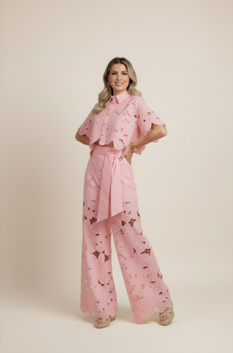 Two-Piece Cut-Out Floral Ensemble – Statement Embroidered Top & Flowy Wide-Leg Trousers