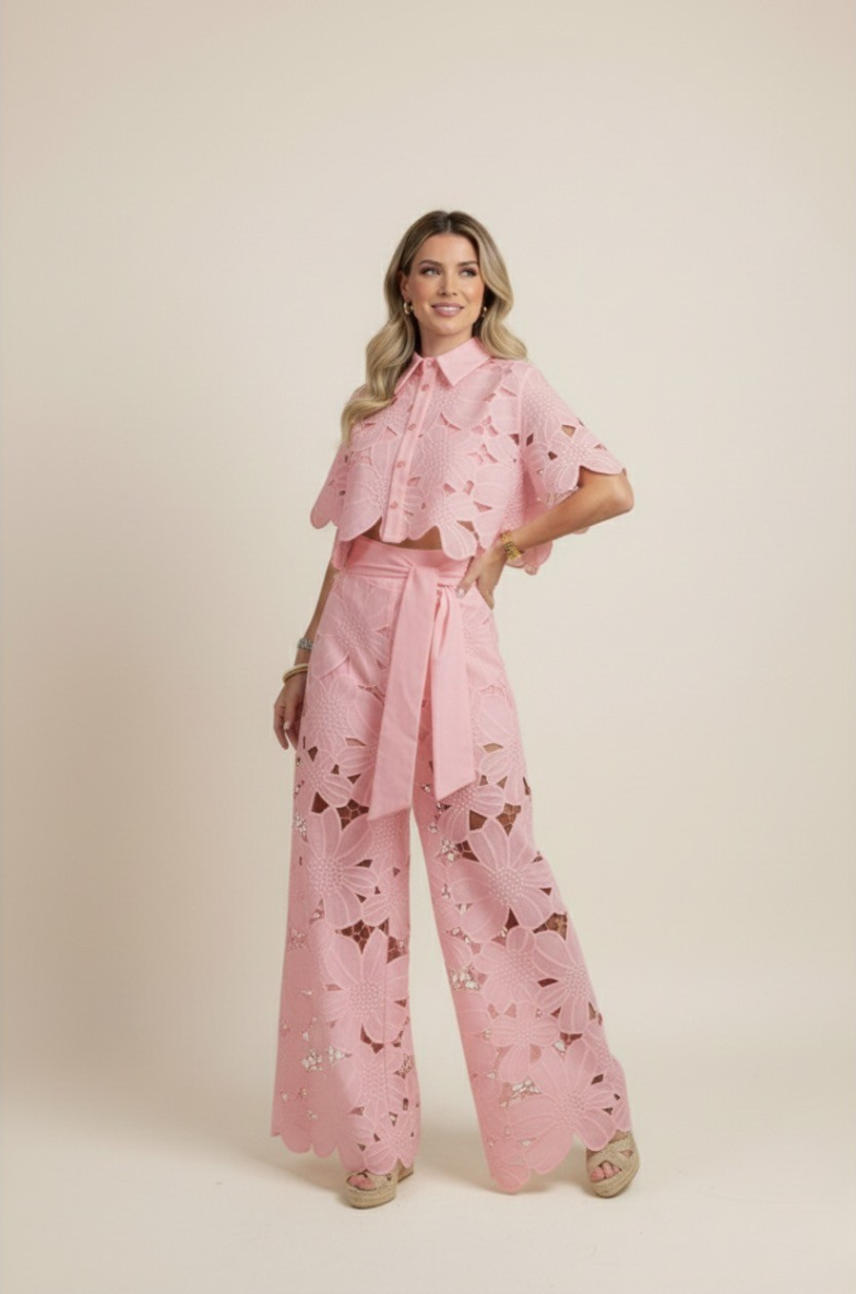 Two-Piece Cut-Out Floral Ensemble – Statement Embroidered Top & Flowy Wide-Leg Trousers