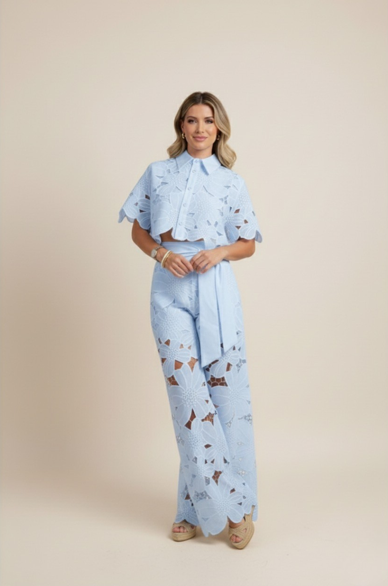 Two-Piece Cut-Out Floral Ensemble – Statement Embroidered Top & Flowy Wide-Leg Trousers