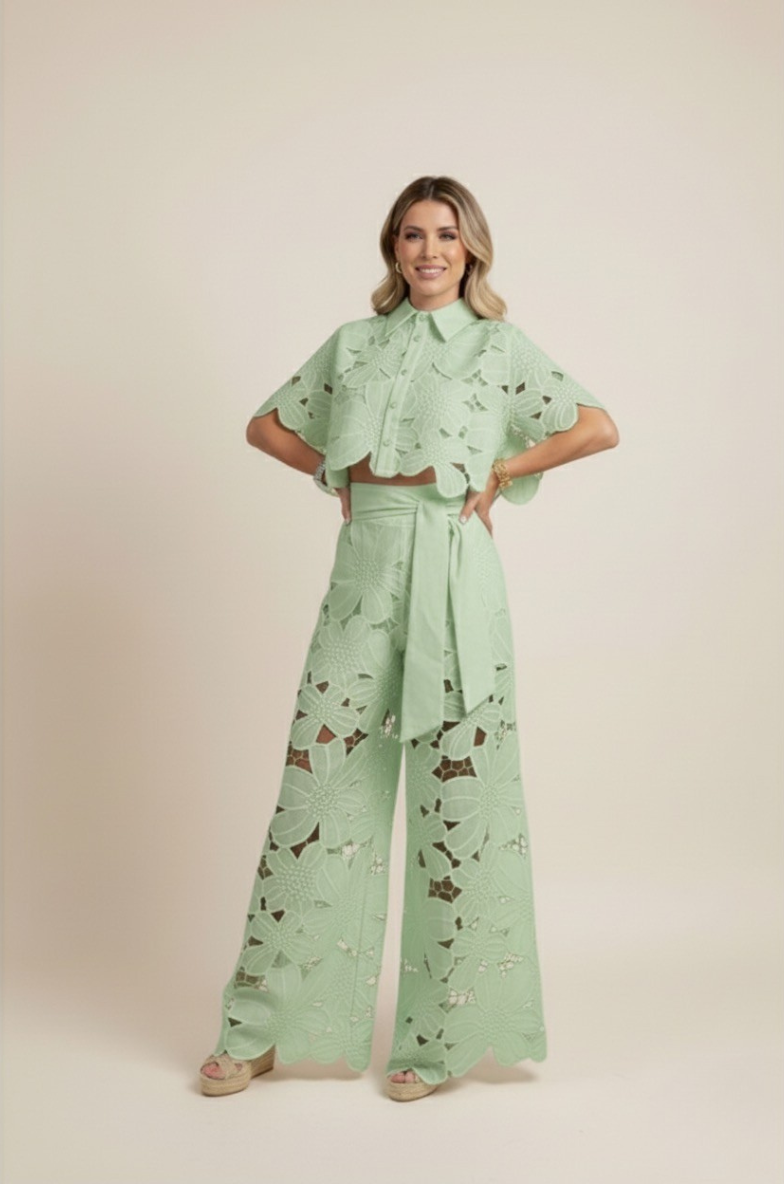 Two-Piece Cut-Out Floral Ensemble – Statement Embroidered Top & Flowy Wide-Leg Trousers