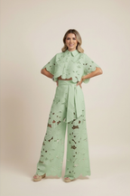 Two-Piece Cut-Out Floral Ensemble – Statement Embroidered Top & Flowy Wide-Leg Trousers