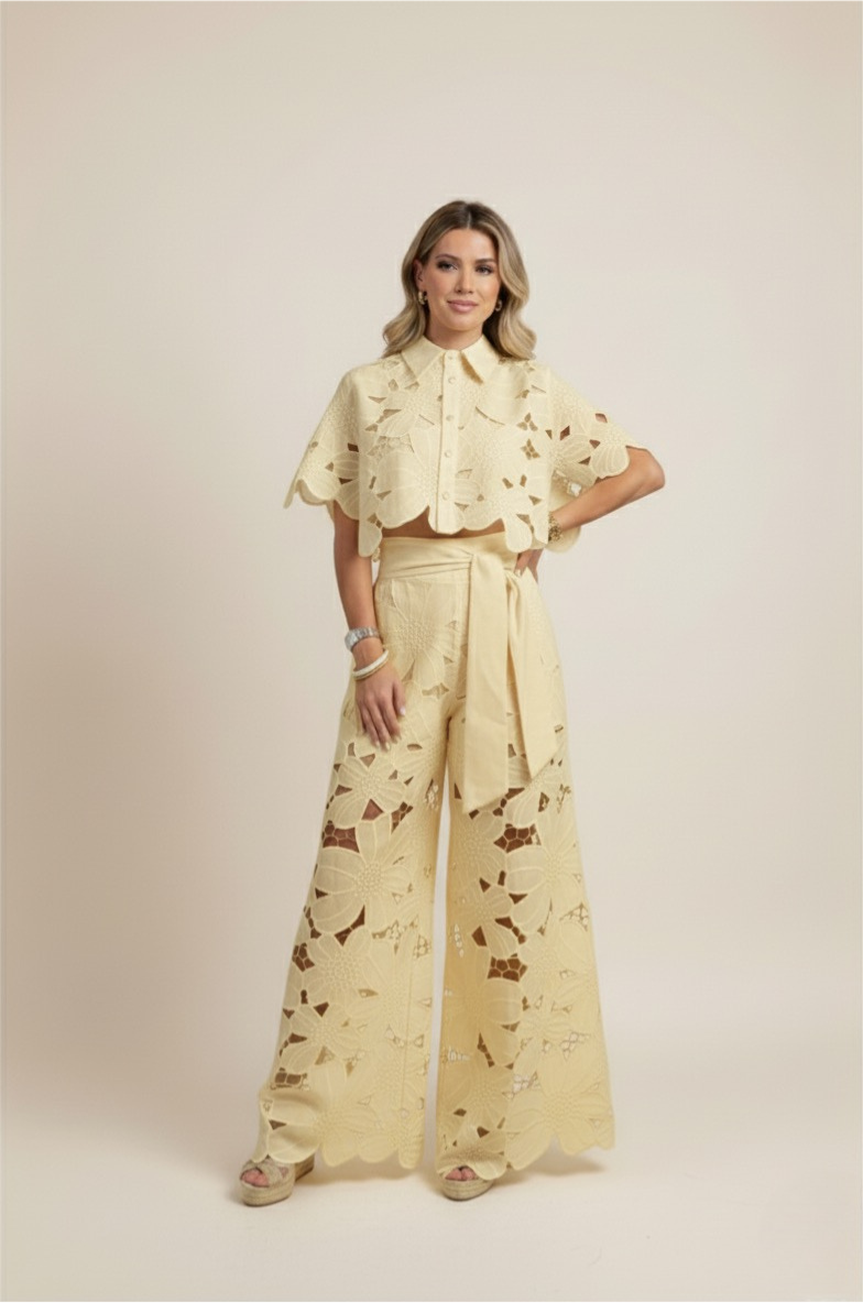 Two-Piece Cut-Out Floral Ensemble – Statement Embroidered Top & Flowy Wide-Leg Trousers