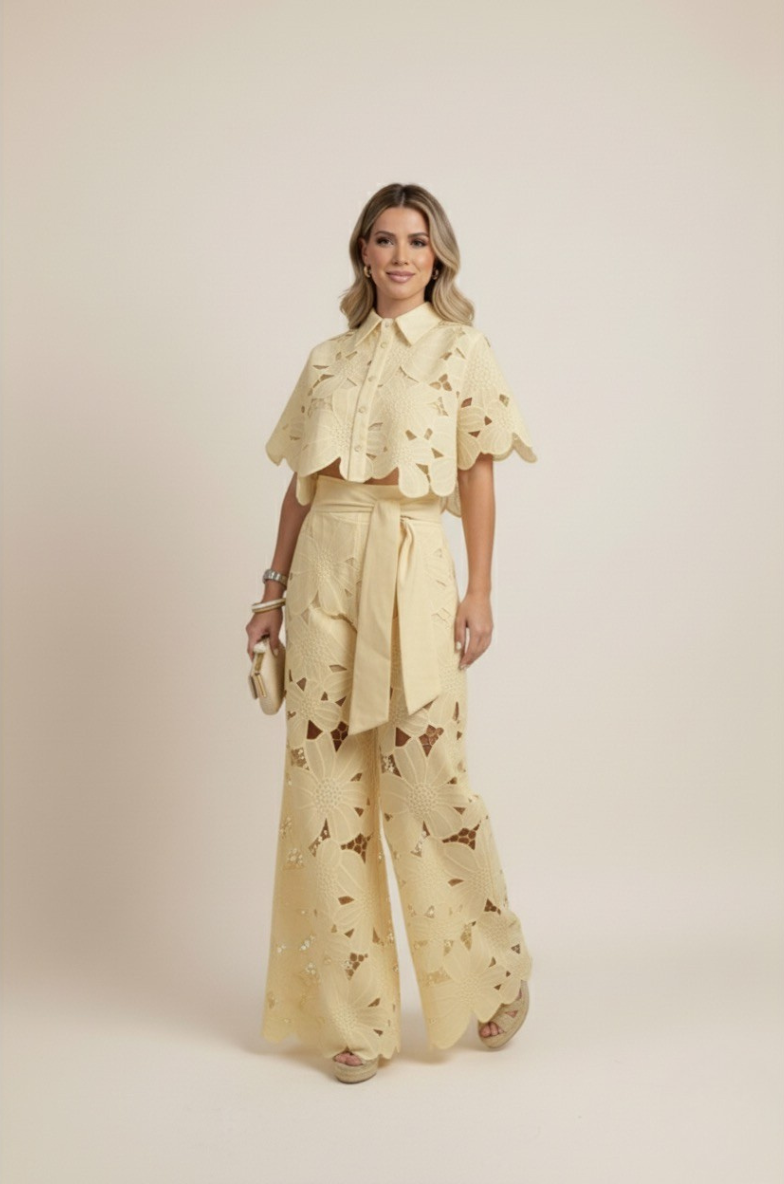 Two-Piece Cut-Out Floral Ensemble – Statement Embroidered Top & Flowy Wide-Leg Trousers