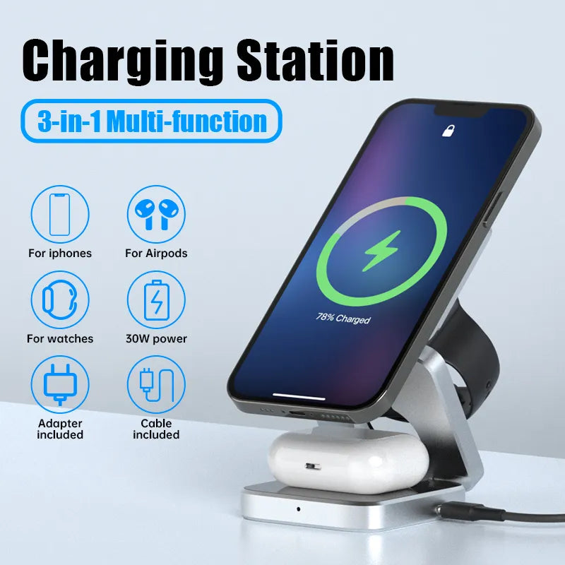 3-in-1 Magnetic Charging Station with Foldable Design – Wireless Charging Stand for Phone, Watch and Earbuds