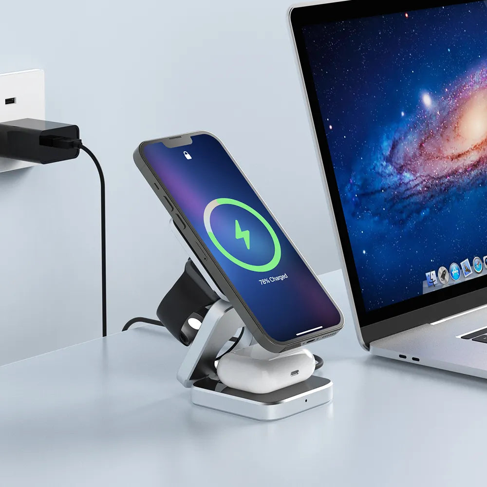 3-in-1 Magnetic Charging Station with Foldable Design – Wireless Charging Stand for Phone, Watch and Earbuds