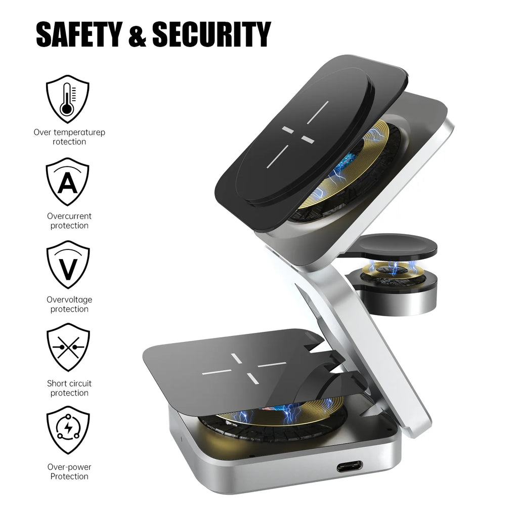3-in-1 Magnetic Charging Station with Foldable Design – Wireless Charging Stand for Phone, Watch and Earbuds