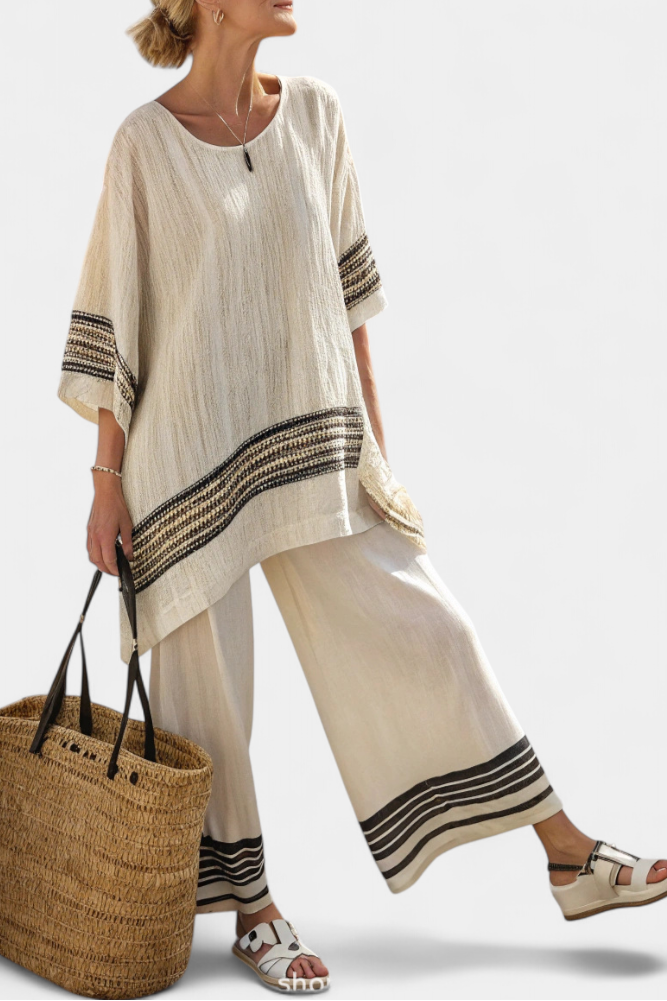 Harlowe | Chic Black-Striped Linen Blouse & Flowing Trousers