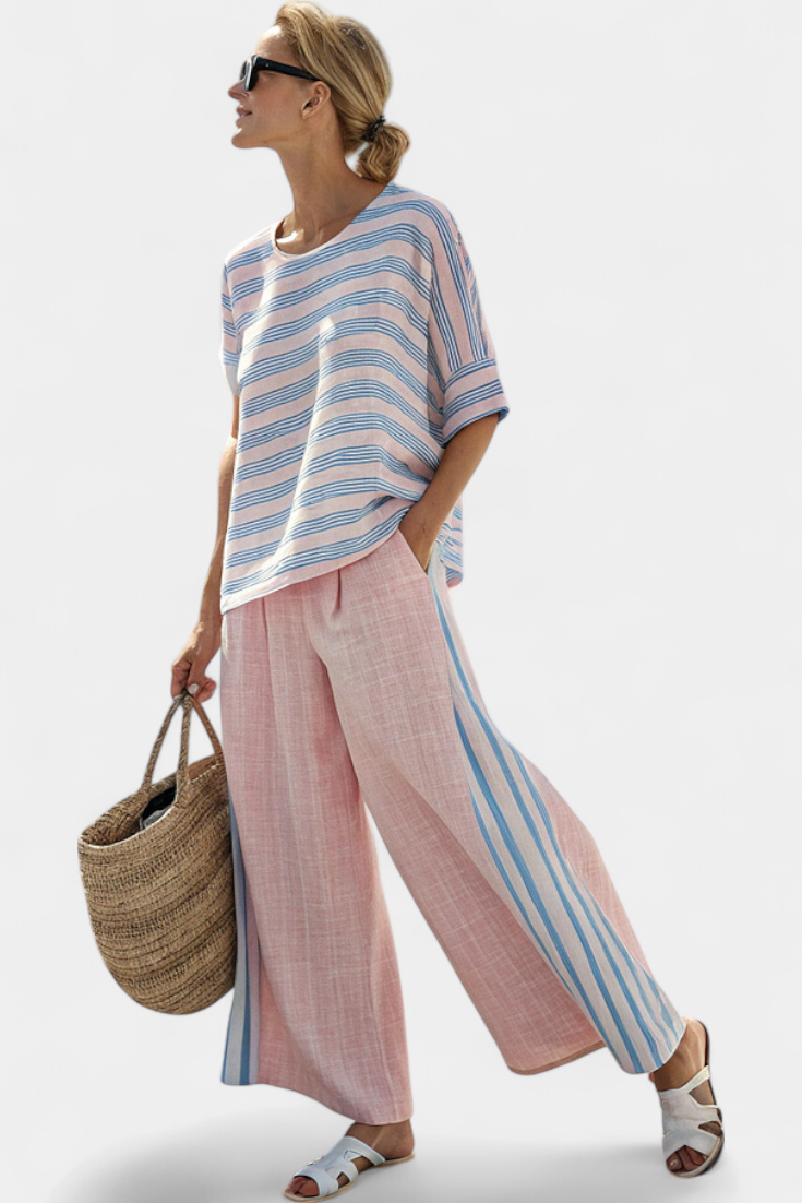 Virella | Chic Pink-Blue Linen Blouse with Comfortable Pants
