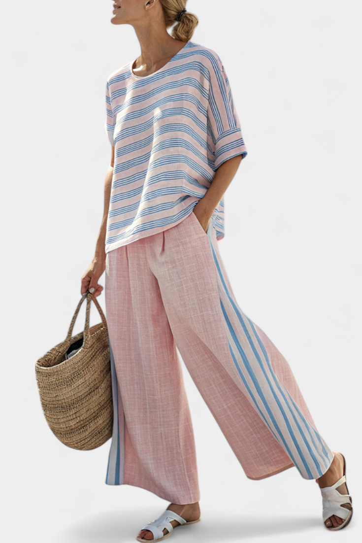 Virella | Chic Pink-Blue Linen Blouse with Comfortable Pants