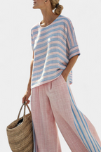 Virella | Chic Pink-Blue Linen Blouse with Comfortable Pants