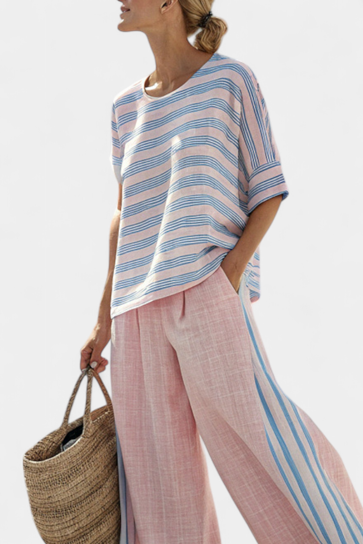 Virella | Chic Pink-Blue Linen Blouse with Comfortable Pants