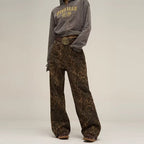Trendy Wide-Leg Leopard Jeans with Raw Edge Detail