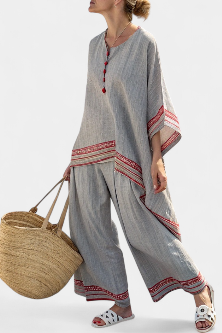 Daelric | Elegant Asymmetrical Blouse with Ethnic-Inspired Wide-Leg Pants