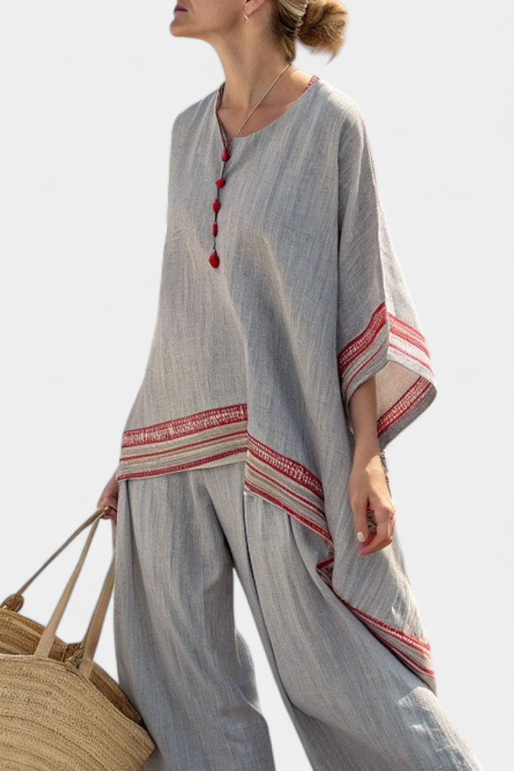 Daelric | Elegant Asymmetrical Blouse with Ethnic-Inspired Wide-Leg Pants