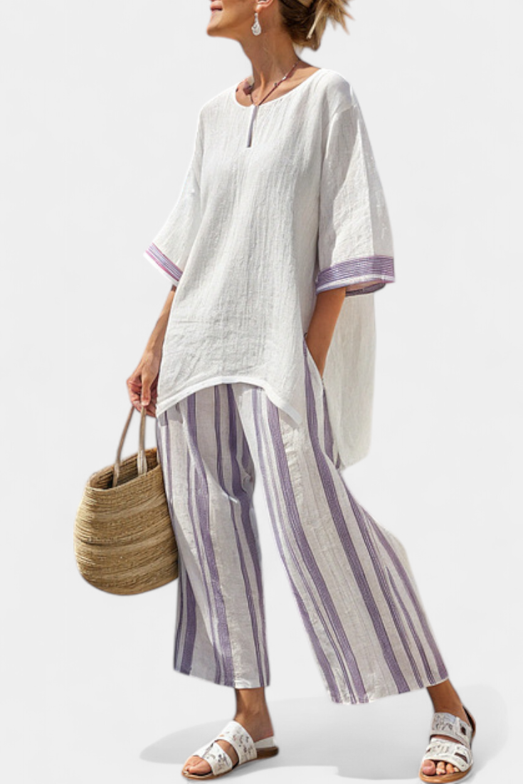 Luxmere | Cozy Relaxed Blouse with Striped Bamboo Trousers