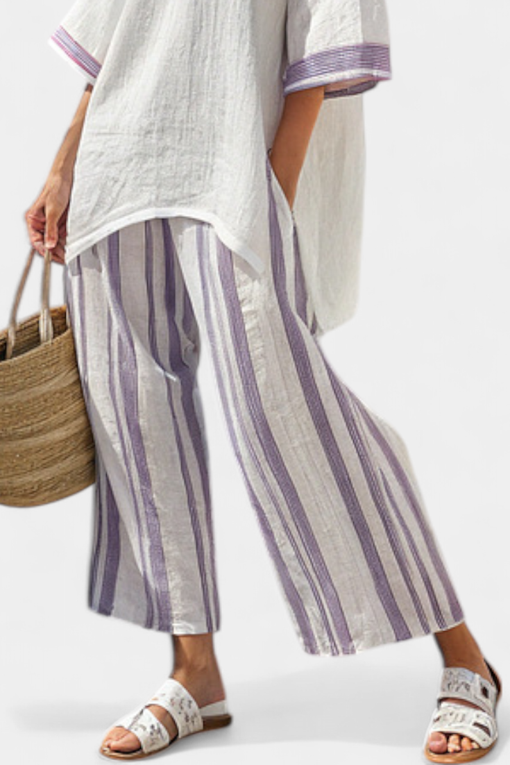 Luxmere | Cozy Relaxed Blouse with Striped Bamboo Trousers