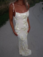 Floral-Embellished Bodycon Dress with Adjustable Tie Straps