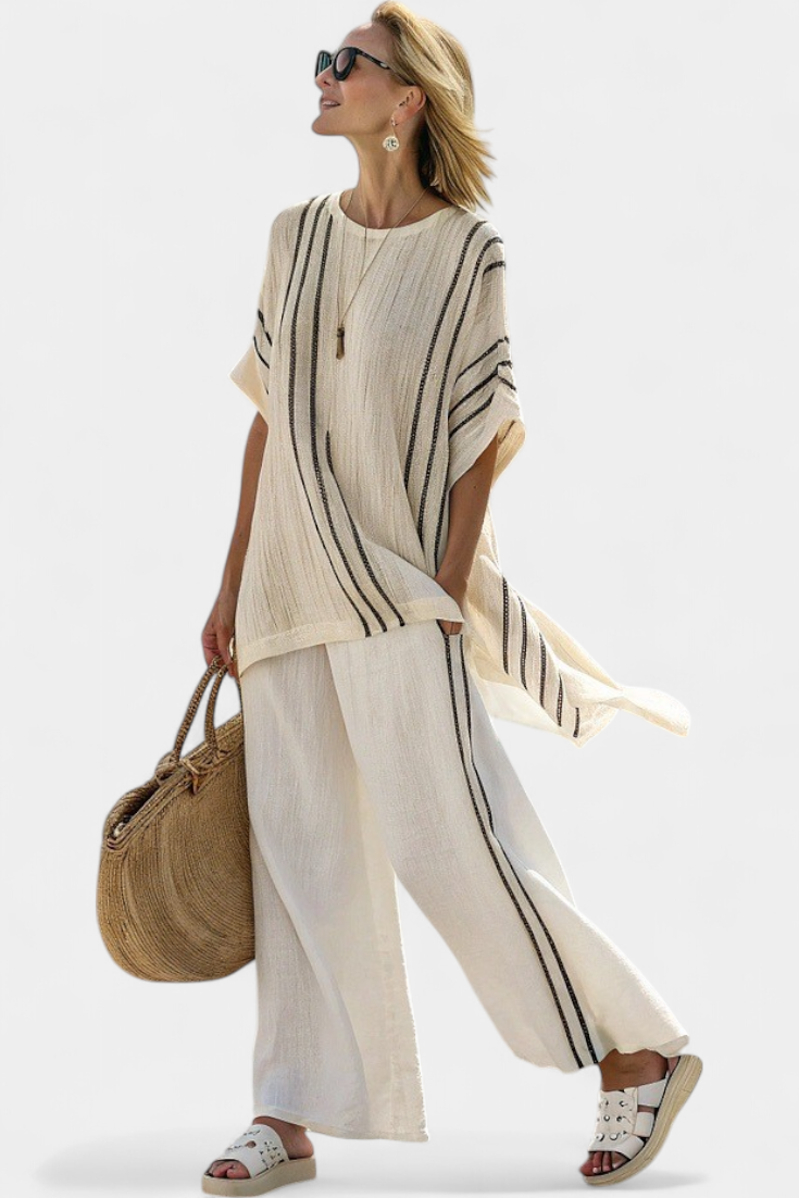 Greysen | Chic Ivory Linen Blouse with Black Striped Trousers
