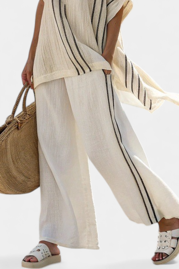 Greysen | Chic Ivory Linen Blouse with Black Striped Trousers