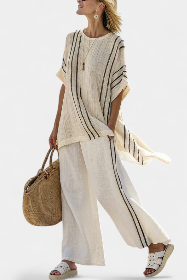 Greysen | Chic Ivory Linen Blouse with Black Striped Trousers