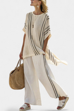 Greysen | Chic Ivory Linen Blouse with Black Striped Trousers