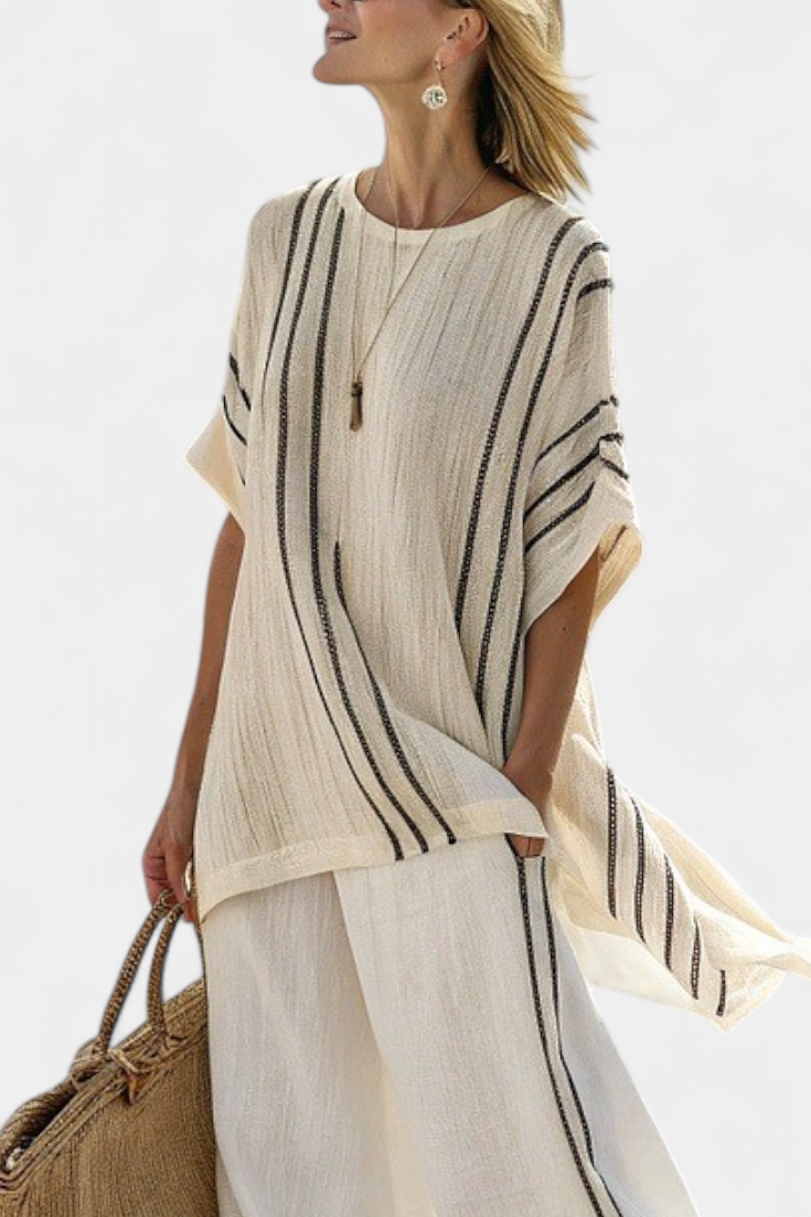 Greysen | Chic Ivory Linen Blouse with Black Striped Trousers