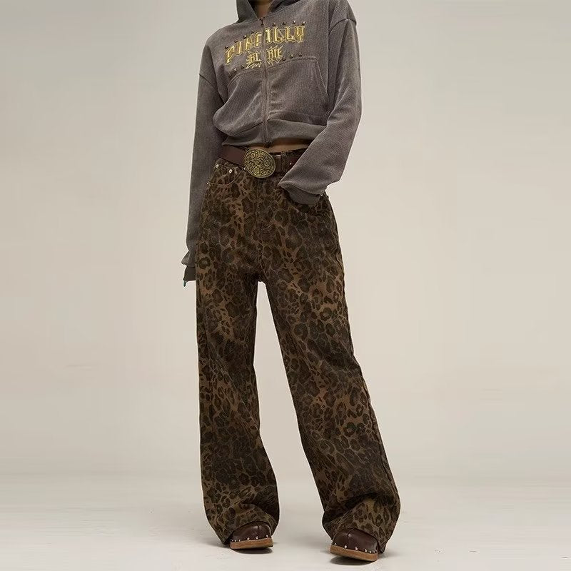 Trendy Wide-Leg Leopard Jeans with Raw Edge Detail