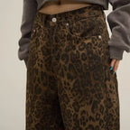 Trendy Wide-Leg Leopard Jeans with Raw Edge Detail
