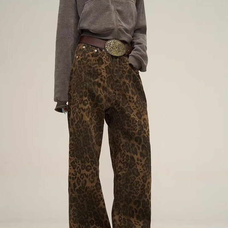 Trendy Wide-Leg Leopard Jeans with Raw Edge Detail