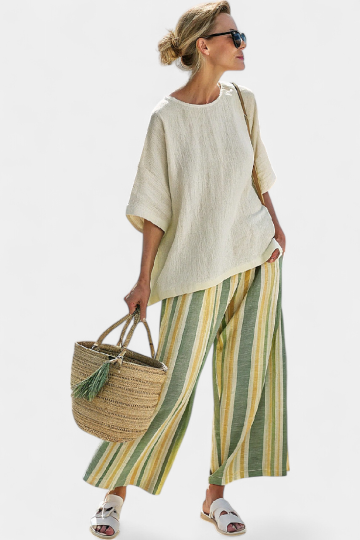 Ellowyn | Elegant Blouse & Striped Linen Trousers
