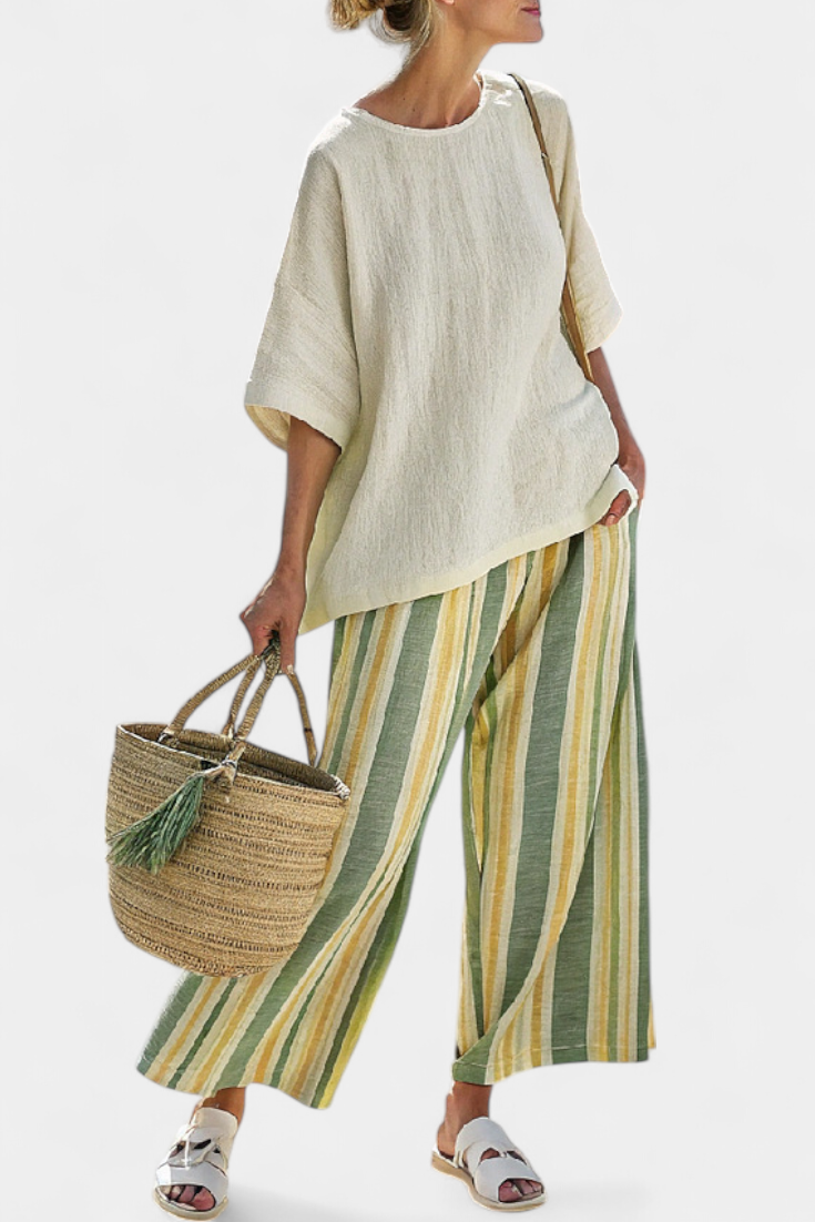 Ellowyn | Elegant Blouse & Striped Linen Trousers