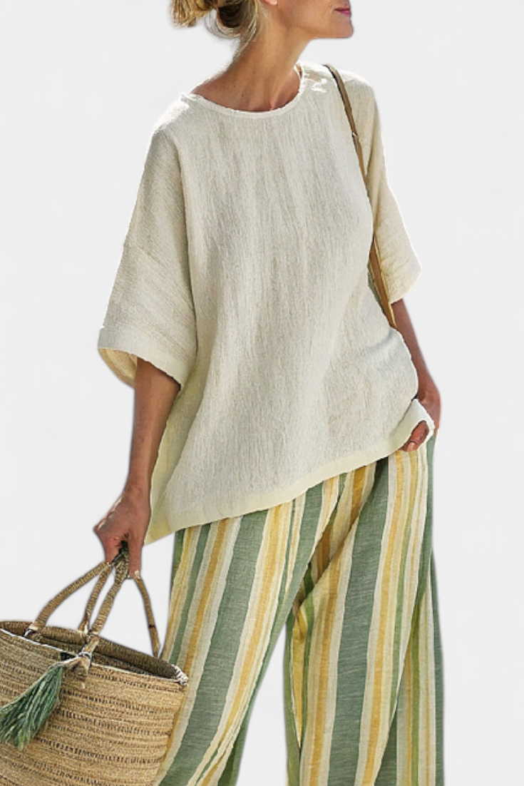 Ellowyn | Elegant Blouse & Striped Linen Trousers
