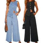 Sleeveless Denim Vest and Wide-Leg Jeans Set for Women – Trendy Two-Piece Outfit for Casual Wear and Modern Street Style