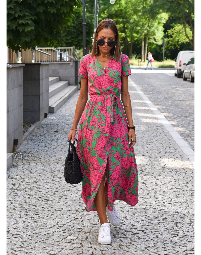 Floral V-Neck Midi Wrap Dress for Women – Elegant Everyday Dress for Work, Holidays and Casual Occasions