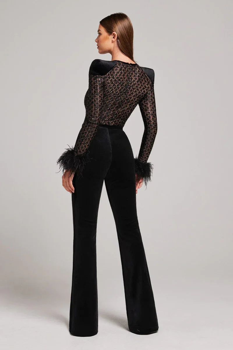 Chic Lace and Feather Detail Party Jumpsuit