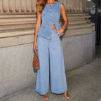Sleeveless Denim Vest and Wide-Leg Jeans Set for Women – Trendy Two-Piece Outfit for Casual Wear and Modern Street Style