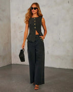 Sleeveless Denim Vest and Wide-Leg Jeans Set for Women – Trendy Two-Piece Outfit for Casual Wear and Modern Street Style