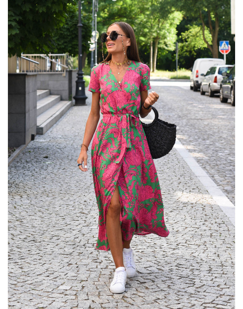 Floral V-Neck Midi Wrap Dress for Women – Elegant Everyday Dress for Work, Holidays and Casual Occasions