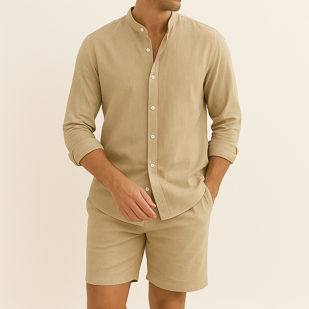 Men’s Linen-Style Matching Set for Summer – Casual Shirt and Shorts Outfit for Holidays and Everyday Wear