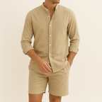 Men’s Linen-Style Matching Set for Summer – Casual Shirt and Shorts Outfit for Holidays and Everyday Wear