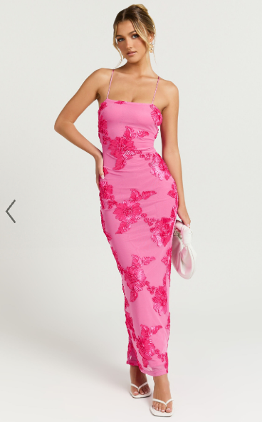 Floral-Embellished Bodycon Dress with Adjustable Tie Straps