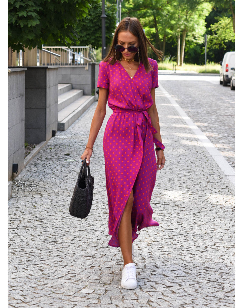 Floral V-Neck Midi Wrap Dress for Women – Elegant Everyday Dress for Work, Holidays and Casual Occasions