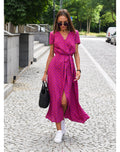Floral V-Neck Midi Wrap Dress for Women – Elegant Everyday Dress for Work, Holidays and Casual Occasions